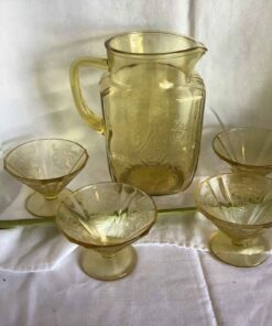 Yellow Depression Glass Pitcher and Sherbert Glasses