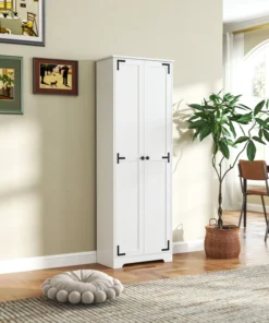 67" Farmhouse Pantry Cabinet with 2 Doors, Tall Storage Cabinet with Adjustable Shelves, Distressed White