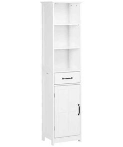 Modern Bathroom Cabinet, Narrow Bathroom Vanities with 3 Open Shelves, Drawer and Adjustable Shelf, White