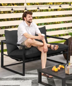 Seater Outdoor Patio Sofa, Webbing Outdoor Couch with Thickened Cushion, Armrests, Steel Frame, Black