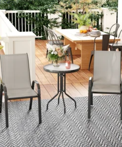3 Pieces Bistro Set, Small Patio Furniture Set with Stackable Mesh Chairs, Glass Table for Garden, Balcony, Light Grey