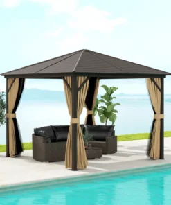 10' x 10' Hardtop Gazebo Outdoor Aluminum Gazebo Canopy with Mosquito Netting, Curtains, Hanging Hook, Brown