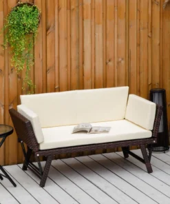 Convertible Rattan Sofa Bed Chaise Lounge Wicker Loveseat Armchair Double Seat with Cushion All Weather Patio Furniture Brown