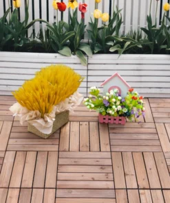 27 Pcs Wood Interlocking Deck Tiles, 12 x 12in Outdoor Flooring Tiles for Indoor and Outdoor Use, Tools Free Assembly, Brown