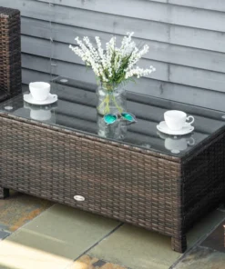 Rattan Wicker Coffee Table with Glass Top Outdoor Garden Patio Furniture Brown Tempered