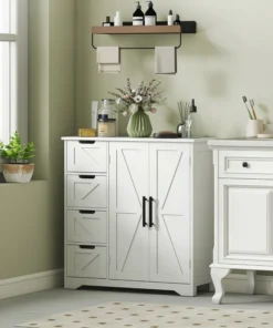 Bathroom Floor Cabinet, Farmhouse Bathroom Storage Cabinet with Adjustable Shelf, White