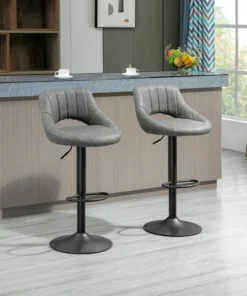 Set of 2, Swivel Counter Height Barstools with Adjustable Height, Faux Leather Upholstered Bar Chairs with Round Metal Base and Footrest, Grey