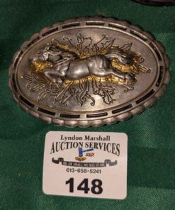 Galloping horse belt buckle with scalloped edging