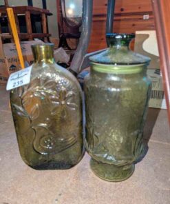 Decorative green glass jug and canister