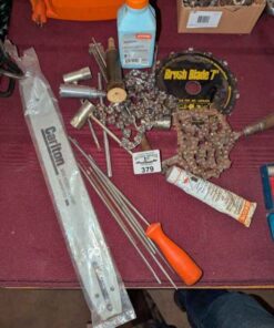 Chain saw files, cutting blades, two stroke engine oil, etc