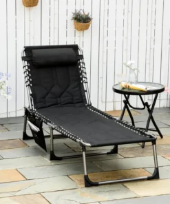 Folding Chaise Lounge Chair, Outdoor Padded Reclining Chair with 5-position Adjustable Backrest, Pillow and Pocket for Patio, Deck, Beach, Lawn and Sunbathing, Black