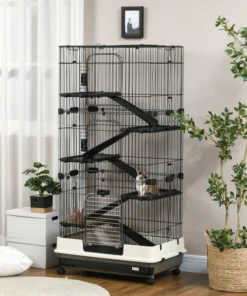 63"H 6-Level Small Animal Cage Rabbit Hutch with Universal Lockable Wheels, Slide-Out Tray for Bunny, Chinchillas, Ferret, Black