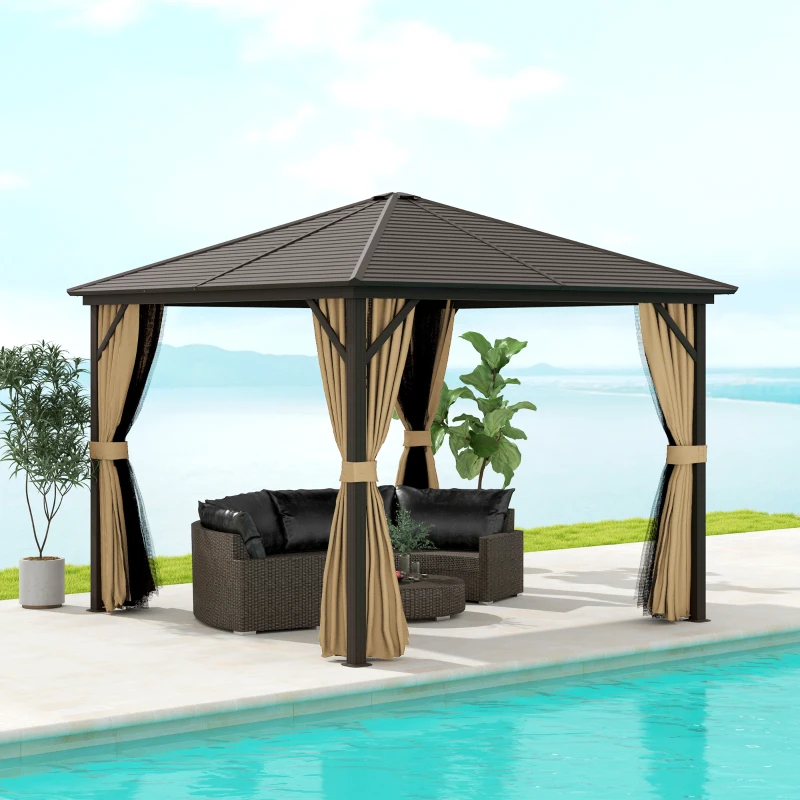 10' x 10' Hardtop Gazebo Outdoor Aluminum Gazebo Canopy with Mosquito Netting, Curtains, Hanging Hook, Brown
