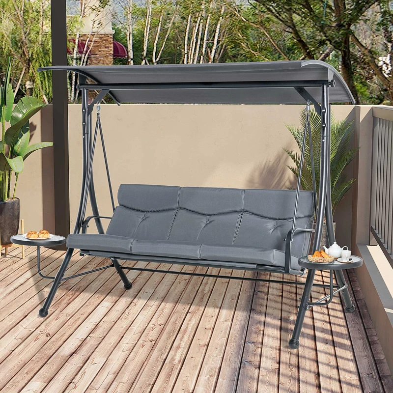 3 Seat Outdoor Swing Chair Steel Swing Bench Porch Swing With Adjustable Canopy, Coffee Tables and Cushion for Patio Garden, Dark Grey