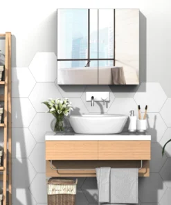 Bathroom Mirrored Cabinet, 24"x22" Steel Frame Medicine Cabinet, Wall-Mounted Storage Organizer with Double Doors, White