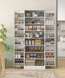 65" Kitchen Cabinet, Kitchen Pantry Cabinet with 4 Doors and 16 Door Shelves for Dining Room, White