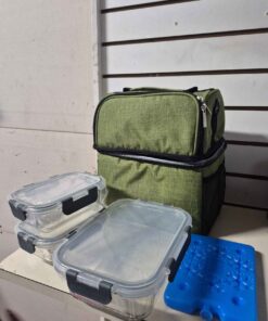 3 piece glass bowl set with locking sealed lids, lunch bag and freezable ice pack.insulated