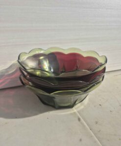 2 green 1 red colored fruit bowls