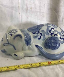 Blue & White Ceramic Cat - Laying