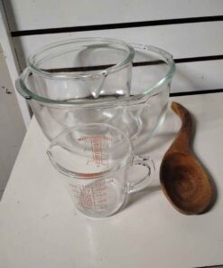 Anchor Hockings Pyrex and wooden spoon
