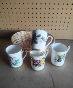 4 assorted Windsor cups with basket