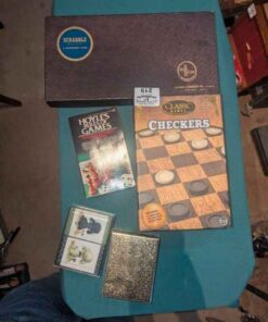 Book of games, Scrabble, Checkers, deck of cards, etc