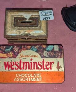 Coin bank, Westminster tin and miniature hour glass