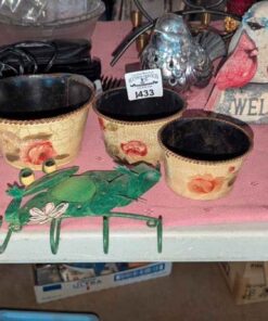 Trio of flower pots and metal frog hook