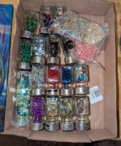Assorted Beads and clear glass spice jars