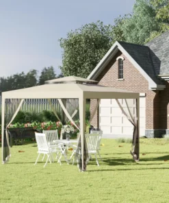 10' x 10' Canopy Tent, Party Tent with Mesh Netting and Double Tier Roof for Backyard, Garden, Patio, Outdoor, Beige