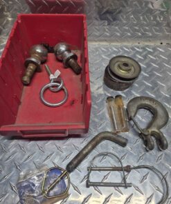 Hook pins hitch pin etc in large red parts bin