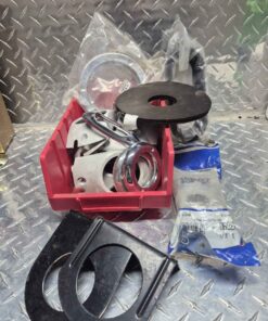 Light brackets and accessories in large red parts bin