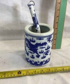 Blue & White Porcelain Brush Pot and Matching Brush