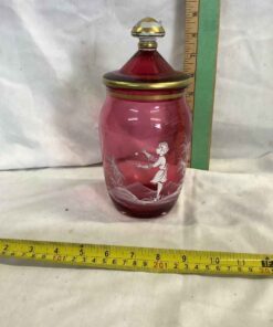 Mary Gregory Style Cranberry Jar with Lid
