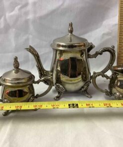 one cup tea pot, cream & sugar silver toned