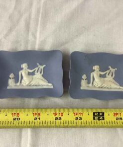 2 Blue āWedgwoodā Trinket Dishes each bearing white lady with lamp