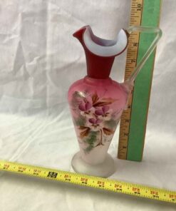 Handblown pitcher/ vase, 9" tall, Shades of pink with Pansies