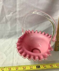 8" tall Basket, white exterior & pink inside with clear handle