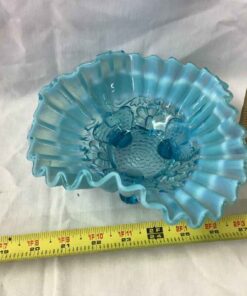 āFentonā blue opalescent glass bowl, crimped, stands on 3 feet