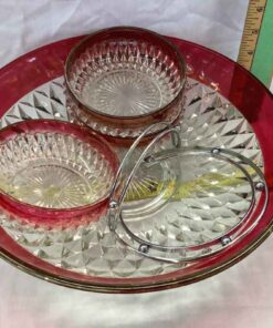 Vintage Chip & Dip Dish with 3 Bowls - Indiana Ruby Glass “Diamond Point”