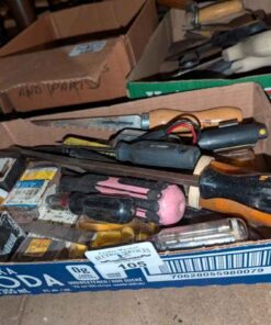 Box lot of assorted hand tools & hardware