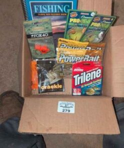 Fishing Diary, power bait, security whistle, fishing line, etc