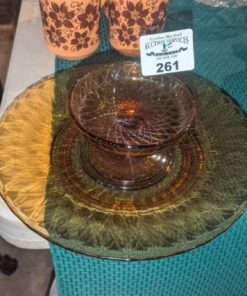 Amber pedestal candy bowl and platter