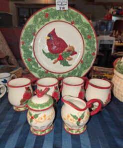 Cardinal Christmas platter, mugs, cream and sugar servers