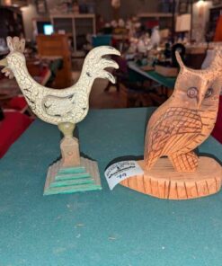 Crackle finish rooster and carved owl figures