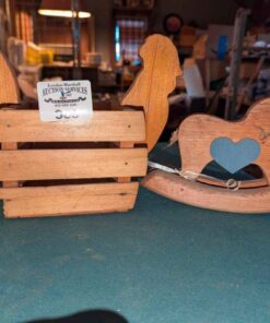 wooden rocking horse and wooden rooster plant holder