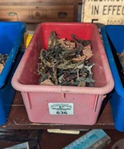 Assorted drawer pulls, oil lamp parts, etc
