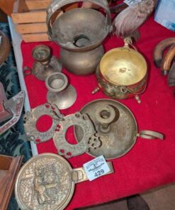 Brass candle holders, vessels, etc