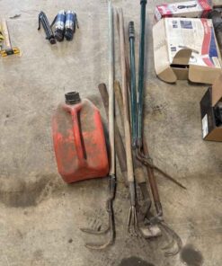 Misc garden tools and fuel jug