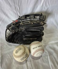 Louisville slugger baseball glove and 2 softballs